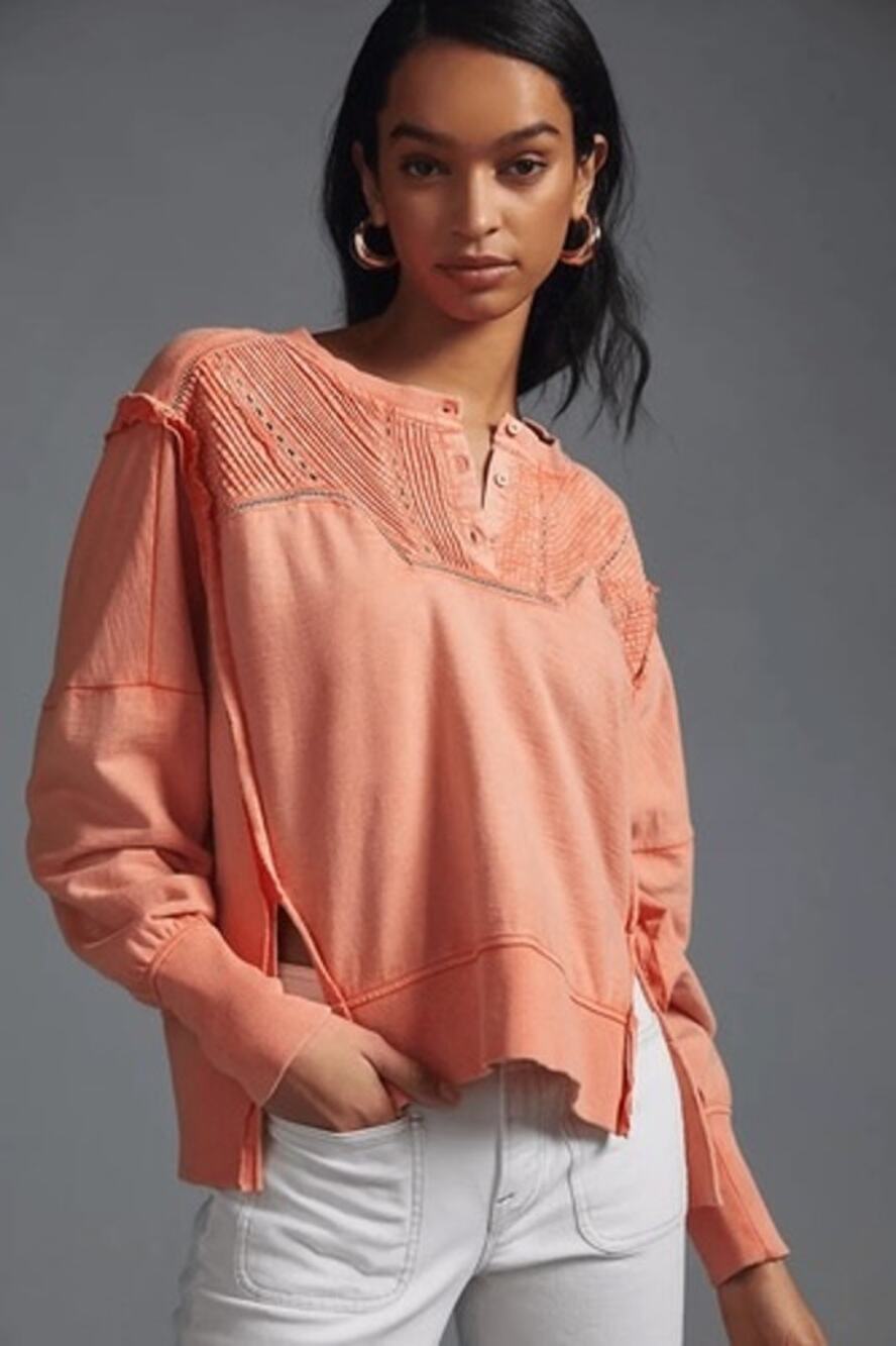 Anthropologie Pilcro Sz S Pintuck Sweatshirt Longsleeve Boho Button Neck Coral
